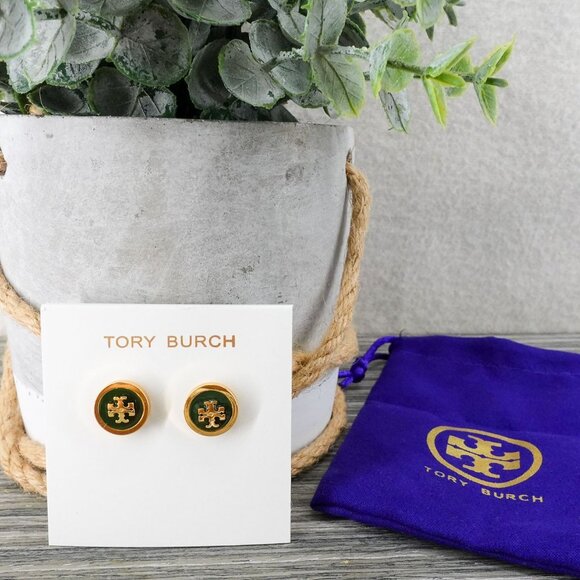 Tory Burch Kira Enamel Circle Stud Earrings Green/Tory Gold OS - Picture 8 of 12